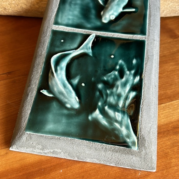 Sligo Creek Tile Co Koi fish swimming teal blue/green glaze tile wall plaque - Picture 3 of 7
